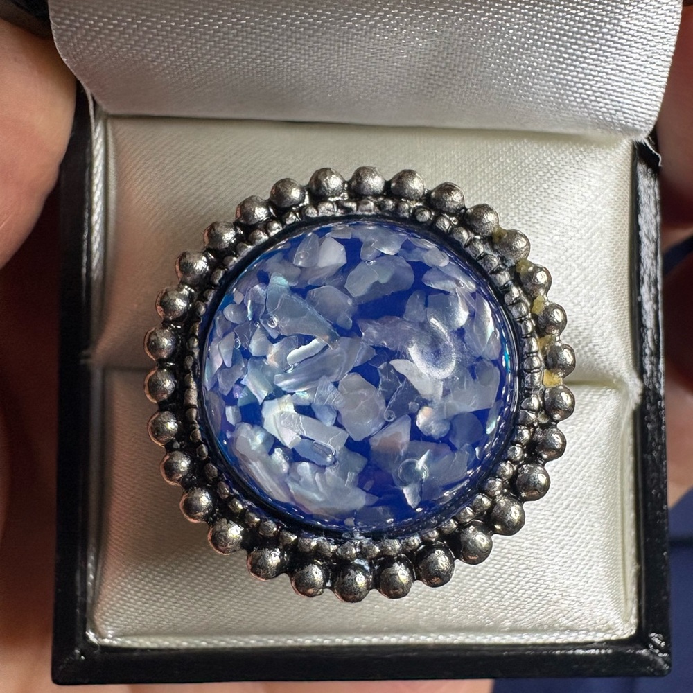 Ring Confetti Blue, White, Silver Statement Mosaic Inlay Style Cabochon